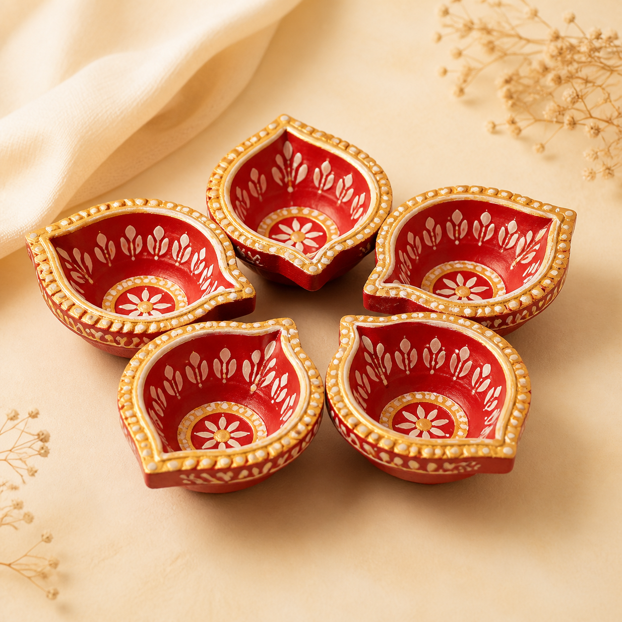 Hand-Painted Clay Diya Set